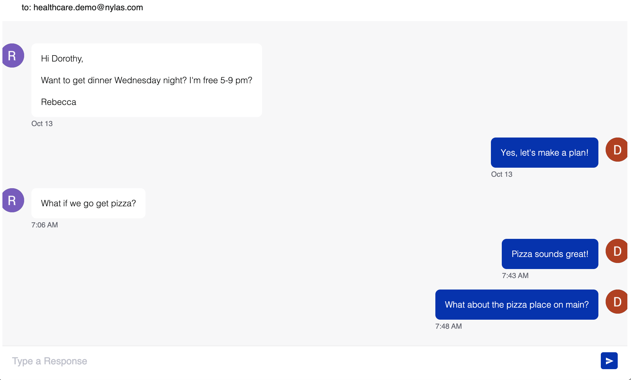 Static image showing a fictional conversation between two people about getting pizza.
