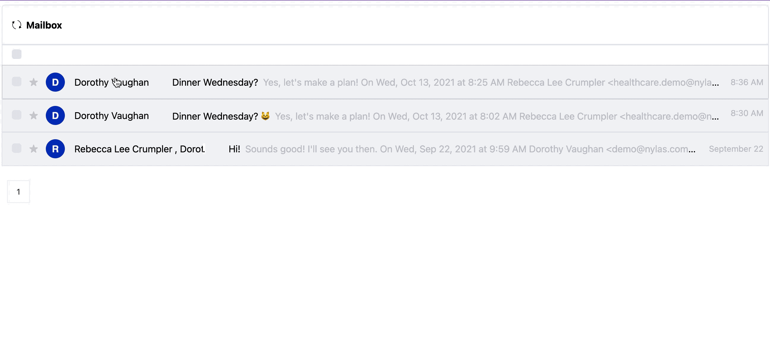 An animated GIF of the Nylas Mailbox component. The user is selecting an email message and reading its contents. They also go back to their list of email messages and select several.