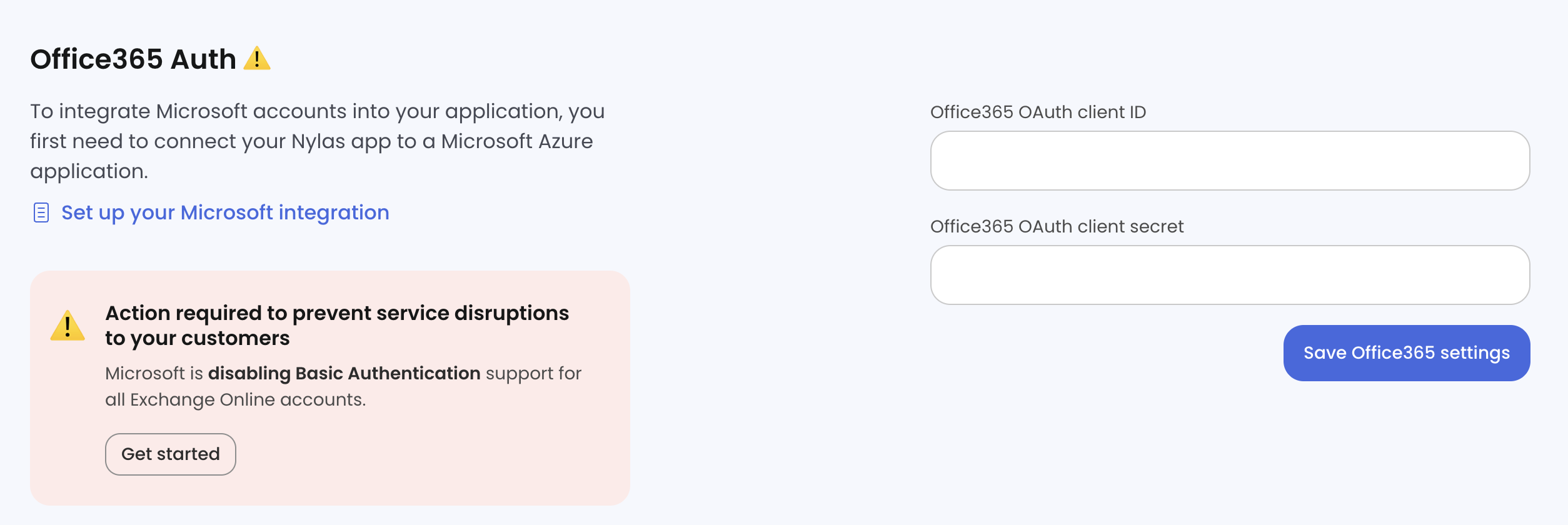 A close-up of the v2 Nylas Dashboard displaying the "Office365 auth" configuration options.