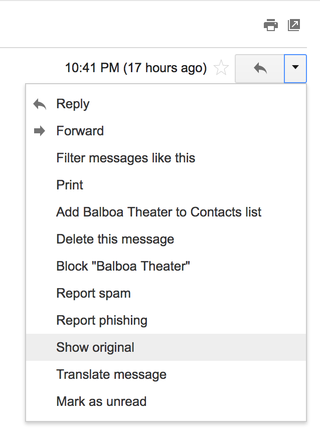 A close-up of the Gmail interface. The options menu for an email message is expanded, and 'Show original' is highlighted.