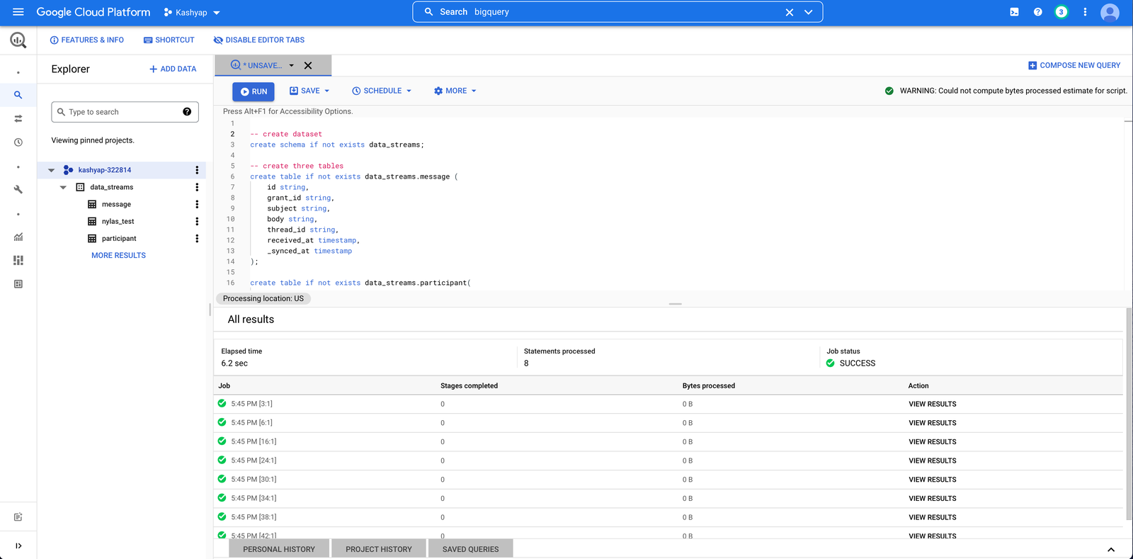 BigQuery console showing the completed script and code pasted in.