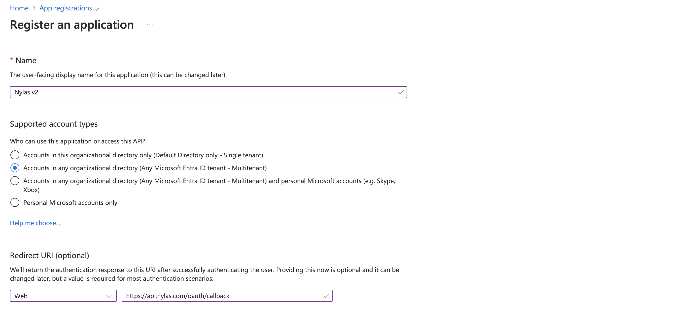 The Microsoft Azure Portal displaying the "Register an application" page. The "Accounts in any organizational directory and personal Microsoft accounts" is selected.