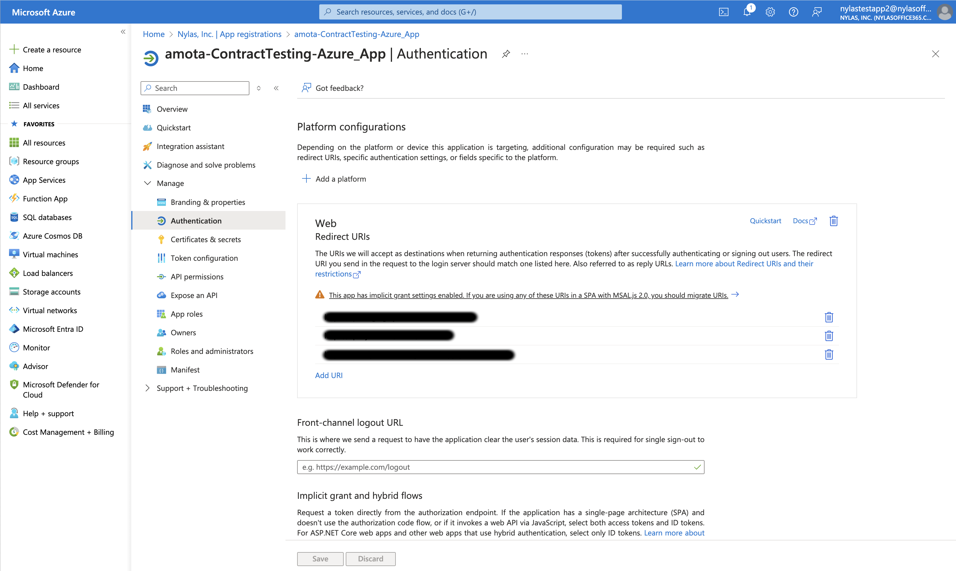 The Microsoft Azure Portal showing the "Authentication" page for a test application. A list of redacted redirect URIs is displayed.