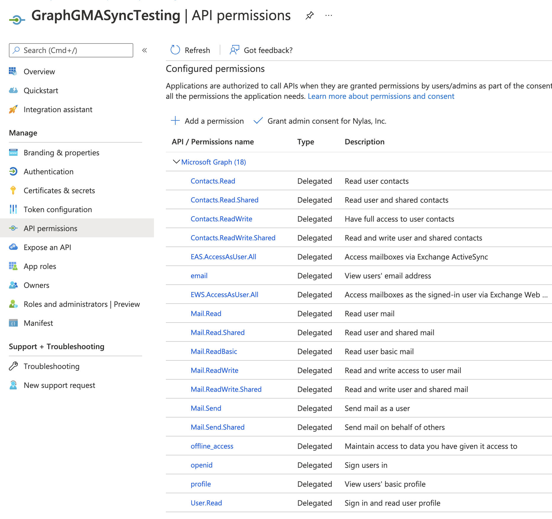 In the Azure App Manage section, the API permissions tab shows configured permissions for Microsoft Graph.