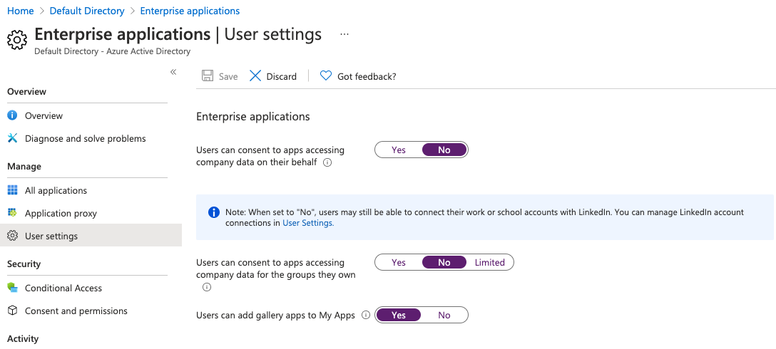 Enterprise applications settings to toggle both admin permissions to No.