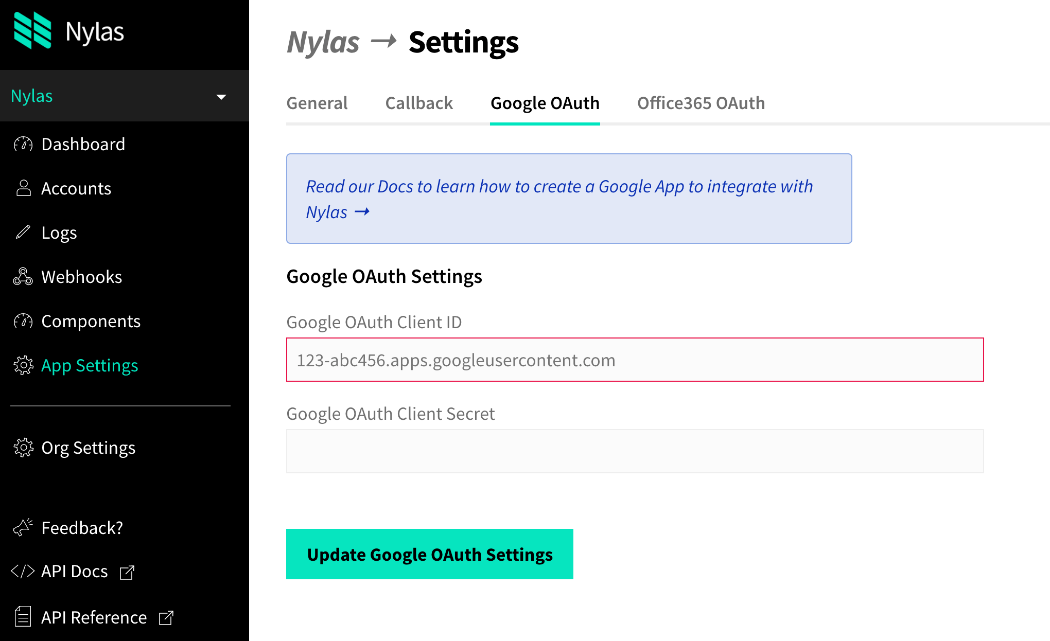 Nylas Dashboard Google Auth
