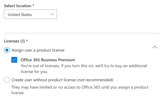 Office 365 Admin Center assign license to user
