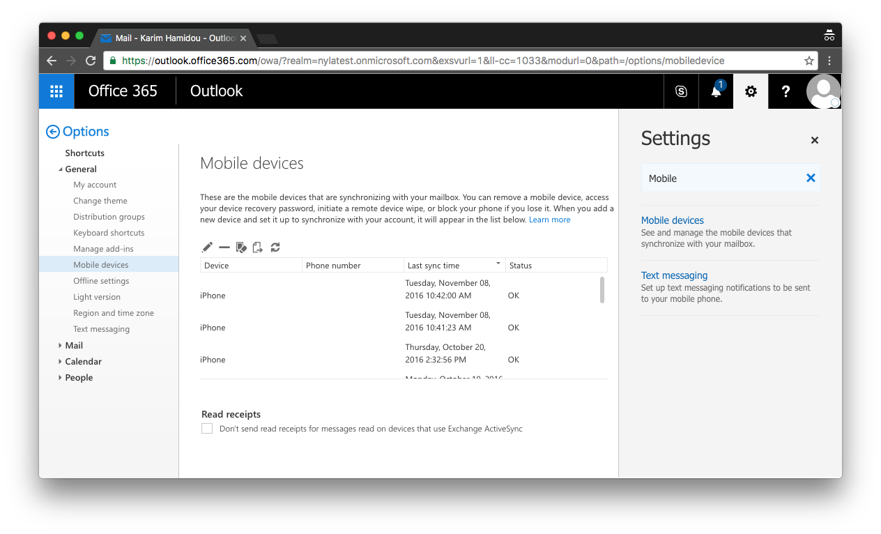 Outlook mobile device settings