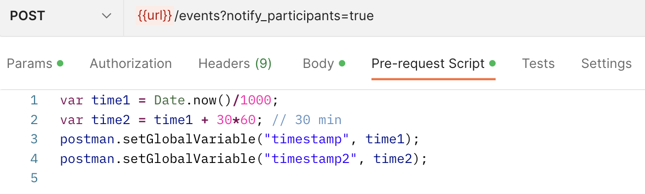 The Postman UI displaying a pre-request script with automatically generated values.