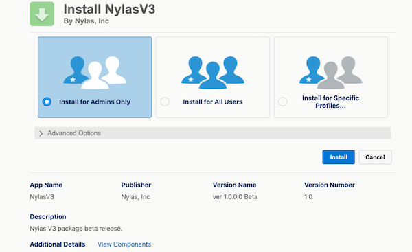The NylasV3 installation package showing the installation options.