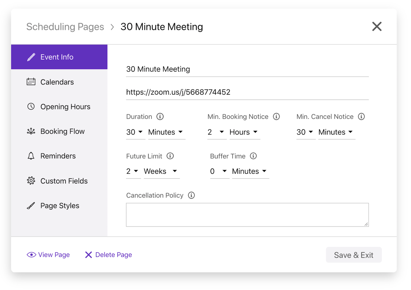 The Nylas Scheduler Editor showing the event information for a 30-minute meeting. The meeting details are filled in with demo information.