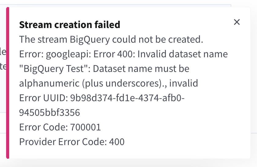 Nylas dashboard returning the error:  Stream creation failed; Invalid dataset name