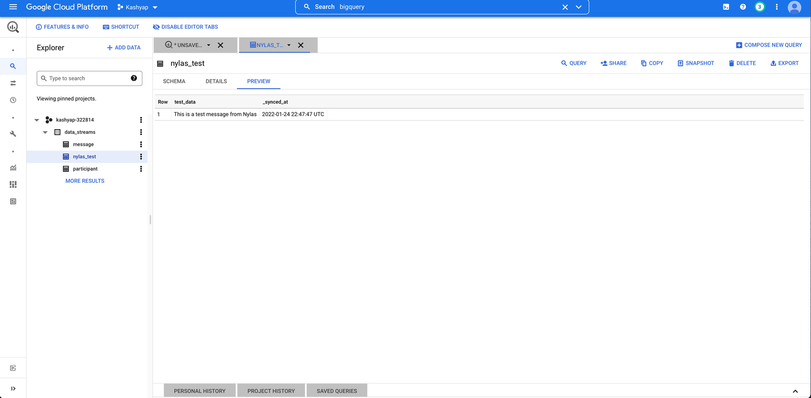 BigQuery showing a successful test message.