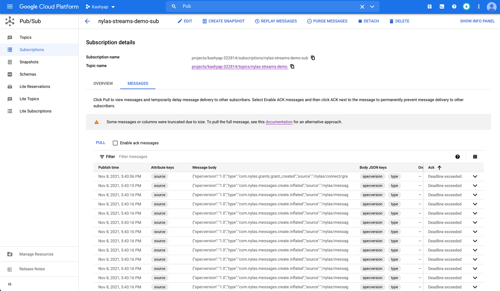 The Google Cloud Platform Console showing the "Subscriptions" page. A list of messages is displayed.