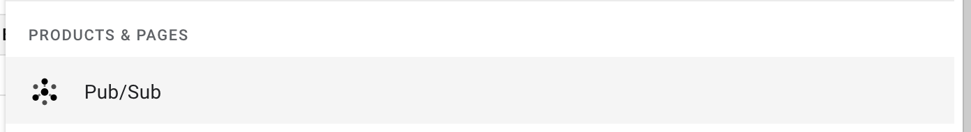 The Google Console showing a search result for Pub/Sub.