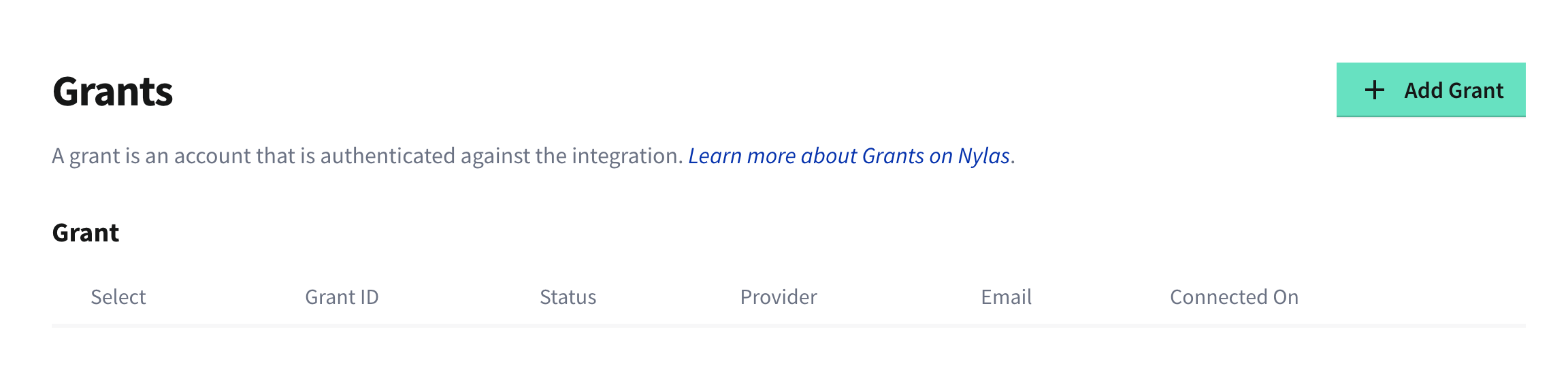 The Nylas Dashboard opened to the Grants page.