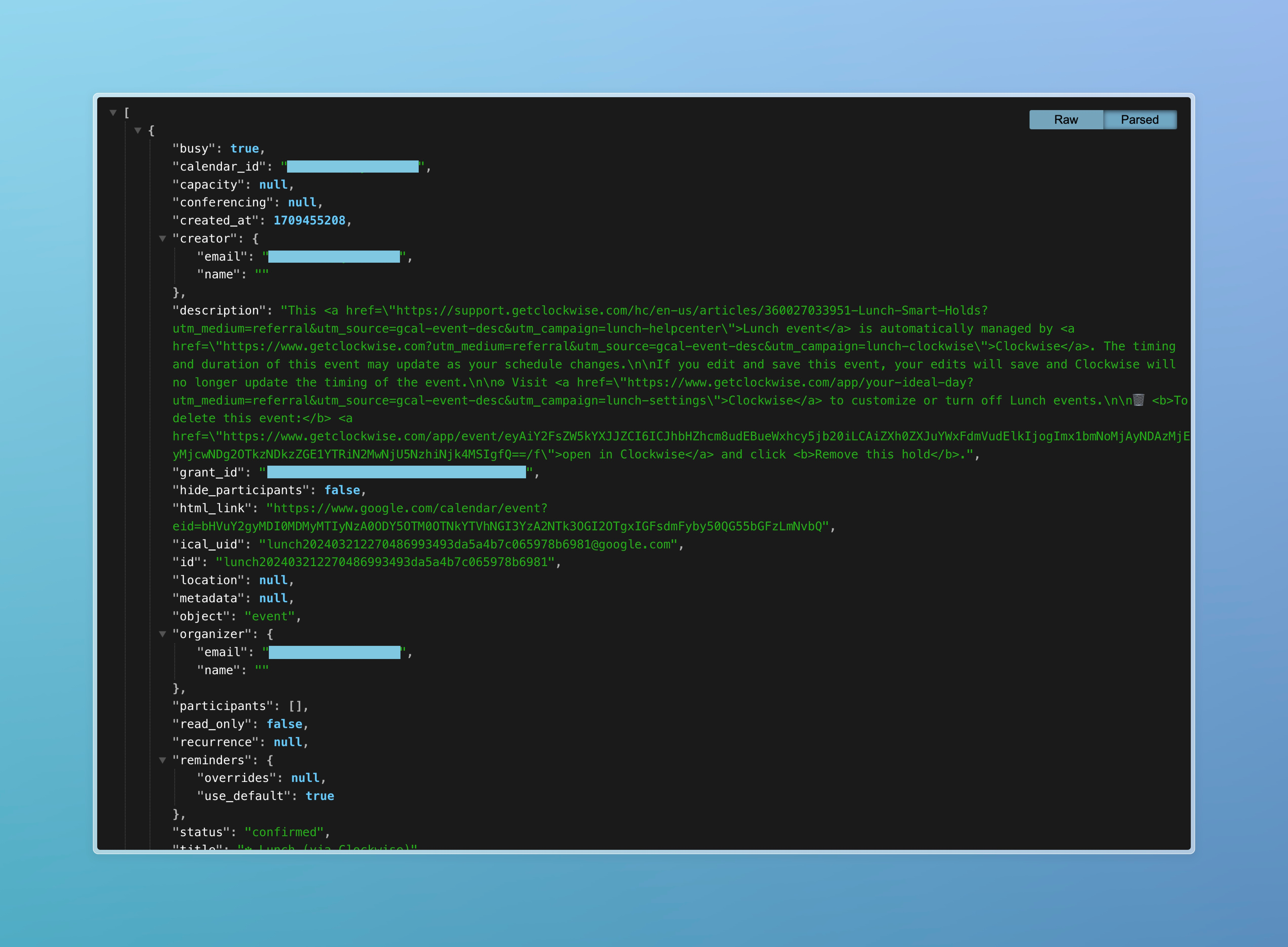 A sample web app showing JSON details about a calendar. The web app has two display options: raw and parsed.