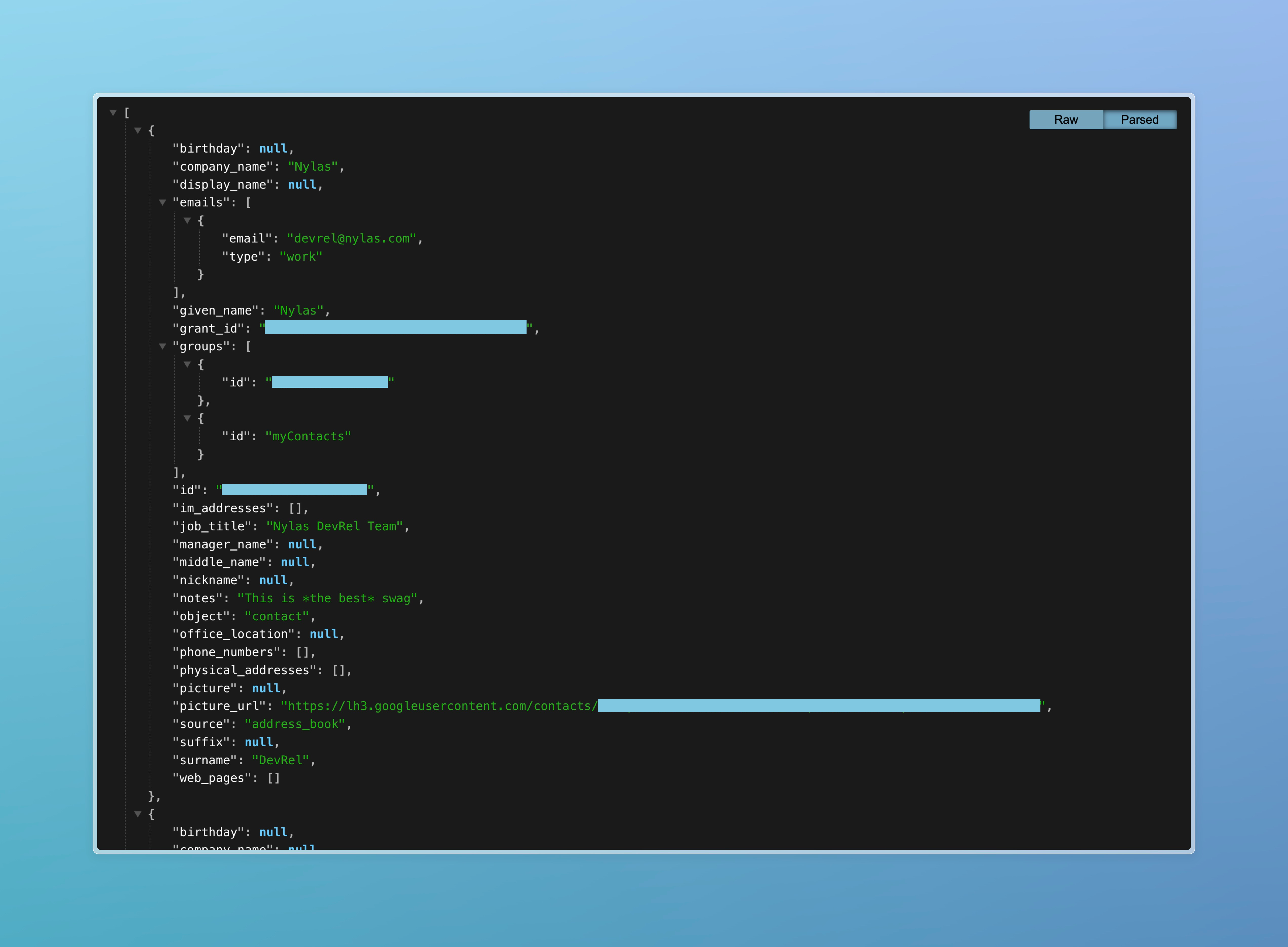 A sample web app showing JSON details about a set of contacts. The web app has two display options: raw and parsed.