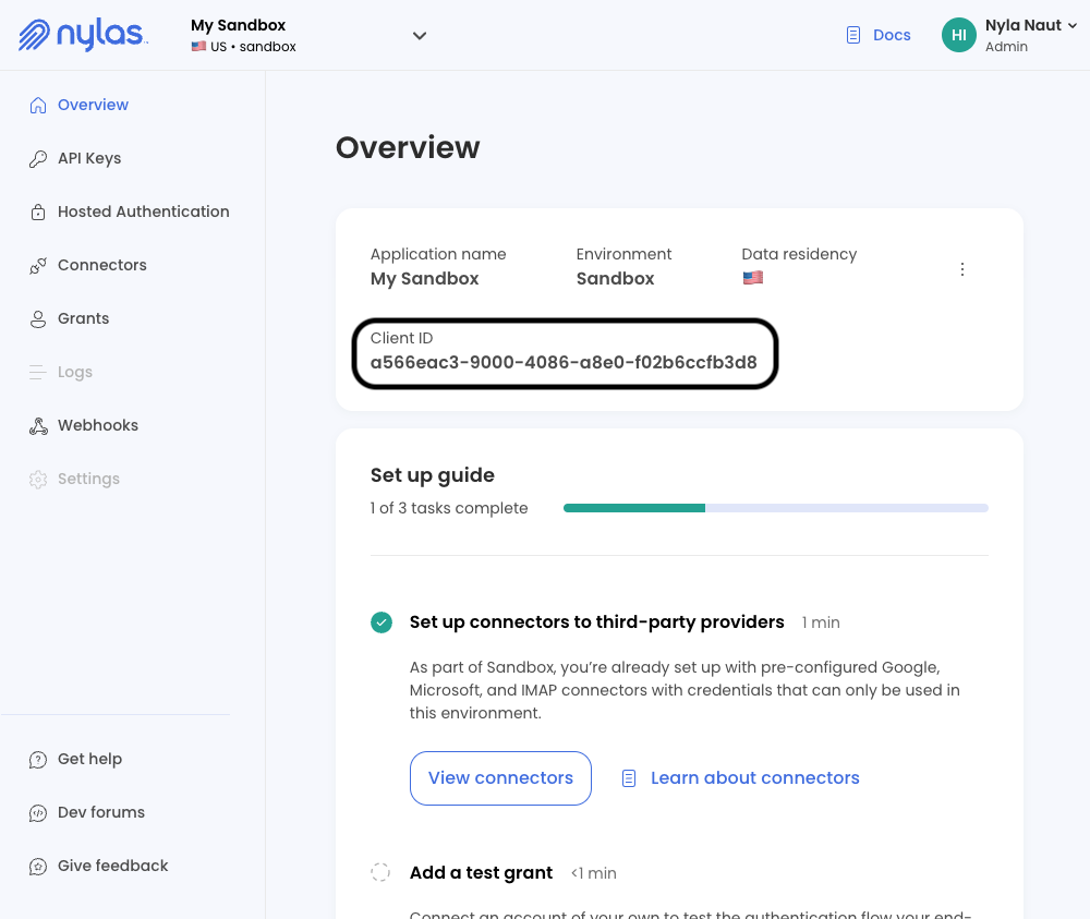 The Nylas Dashboard showing a new Sandbox application.