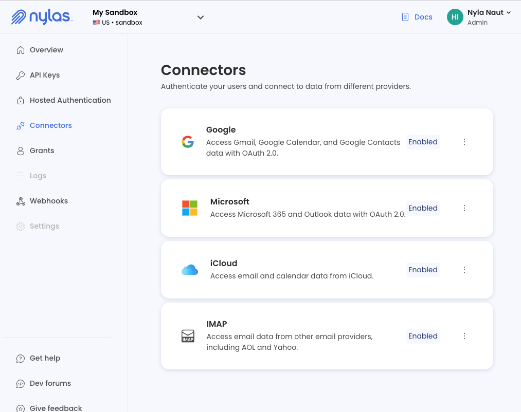 The Connectors screen from a v3 Sandbox application showing preconfigured authentication connectors.