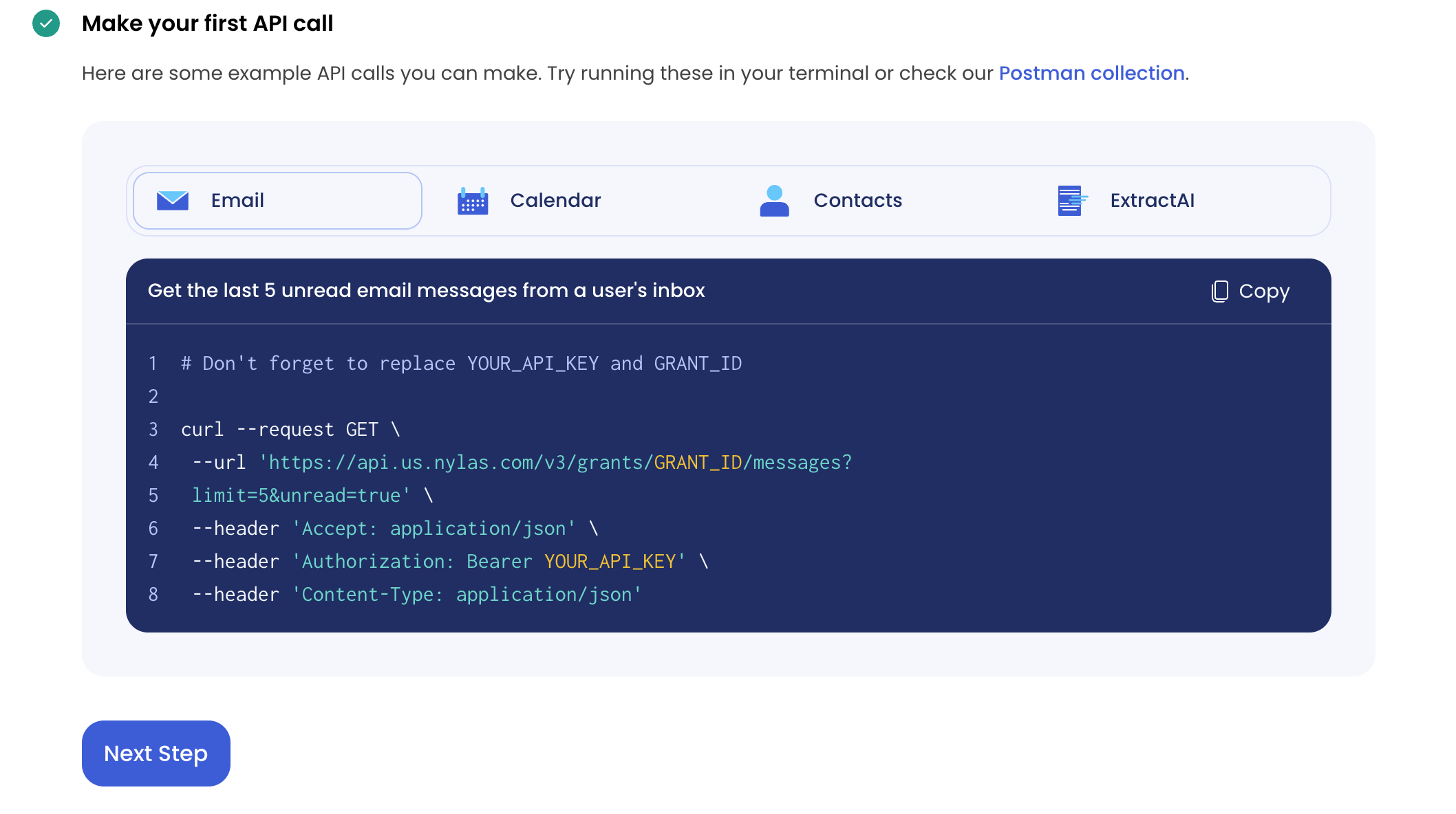 The Nylas Dashboard showing the Sandbox demo and a sample Email API cURL request.